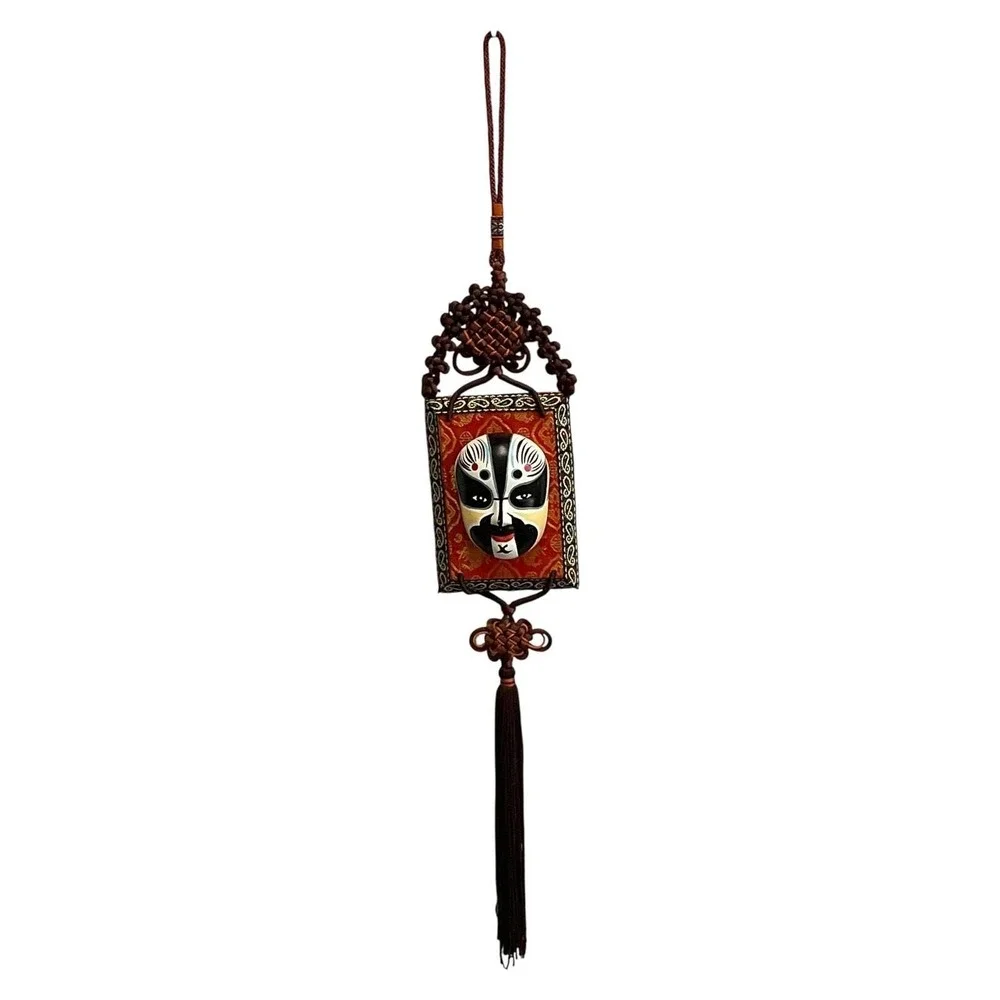 Chinese Opera Mask Wall Hanging Decor with Tassel Fabric Frame